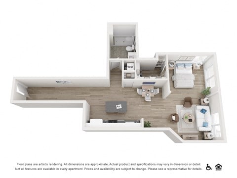 Floor plan for studio, 1 bath, 637 sqft